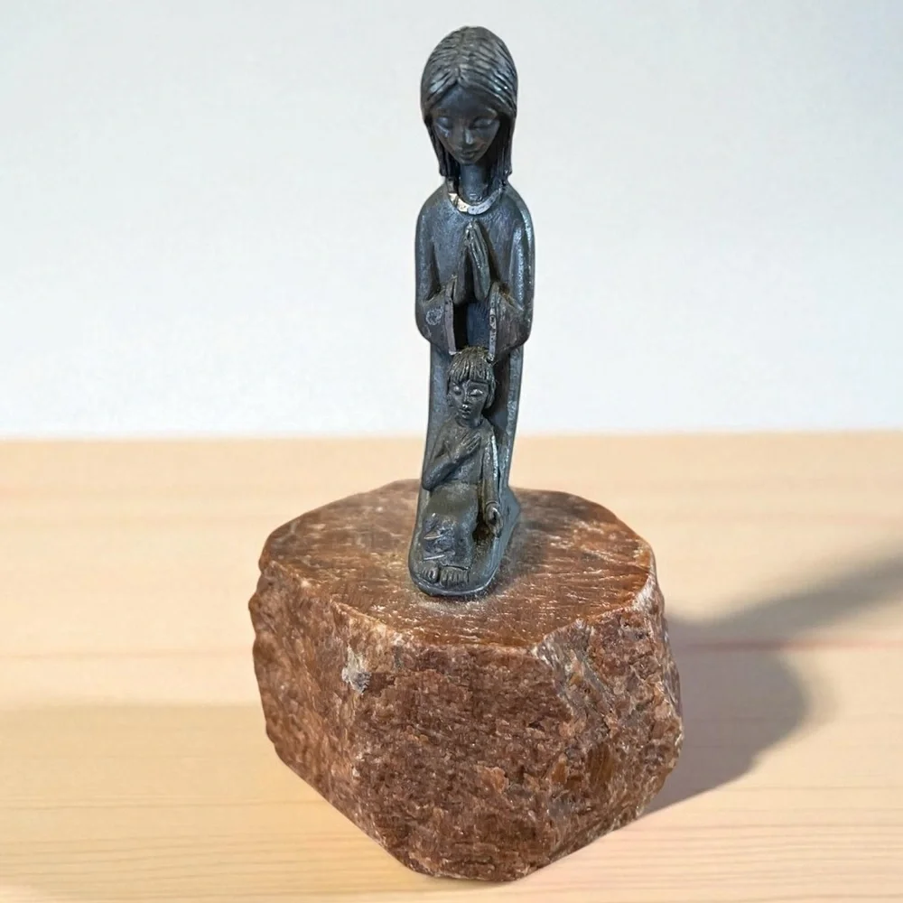 Miniature Madonna and Child, pewter on marble, stylized, excellent condition